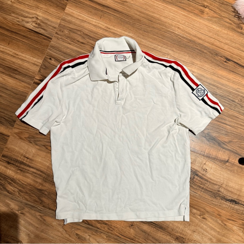 Moncler White Polo Shirt with Red and Black Stripes